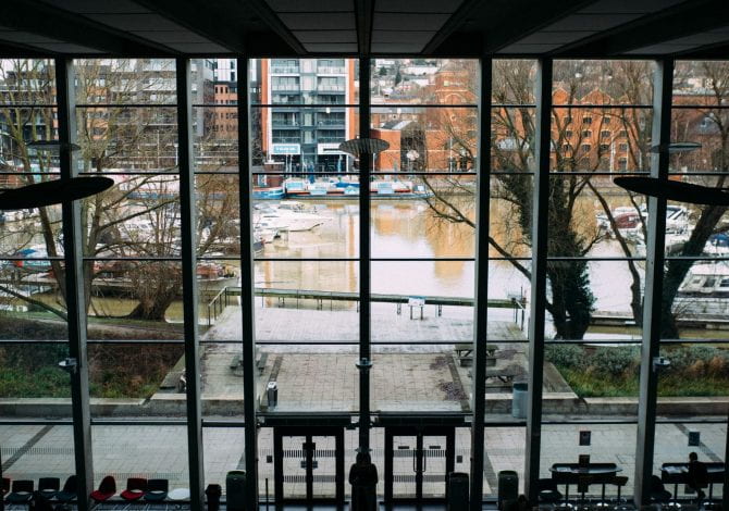 Student Services - High angle of the Minerva building at the University of Lincoln looking out over Brayford Wharf..
