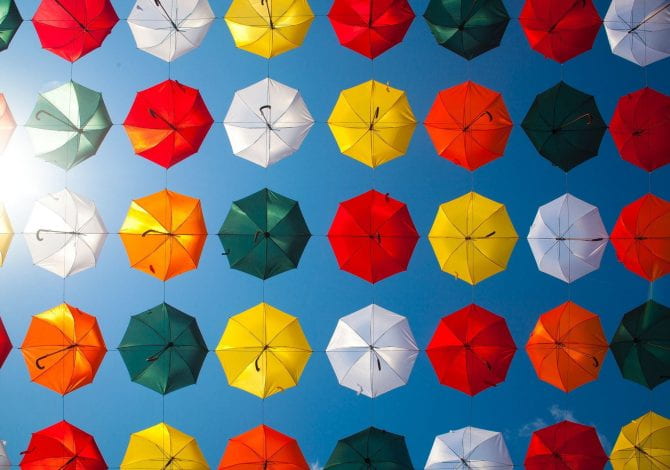 Student Services - Multi-coloured umbrellas.