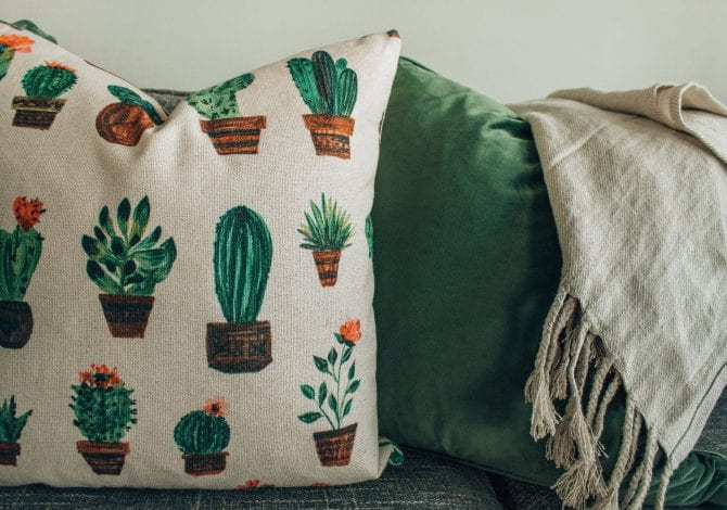Student Services - Cushions sat on a sofa, one green the other with a cactus pattern.